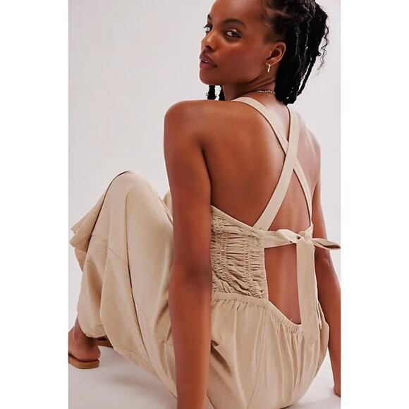 Free People Forever & Always Ruched One-Piece Jumpsuit Sz Small Light Sand NWT - Picture 3 of 11